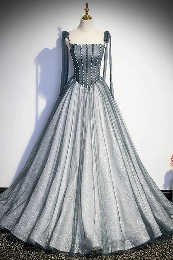 Wholesale Gray Tulle Long A-Line Prom Dress with Beaded Spaghetti Straps Gray Evening Dress